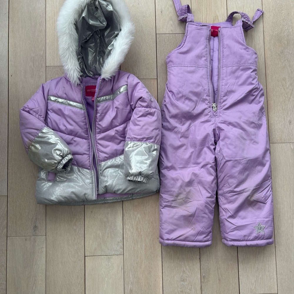 London Fog Girls Lavender & Silver Ski Jacket & Bib Snow Pants Set GUC Size 4T